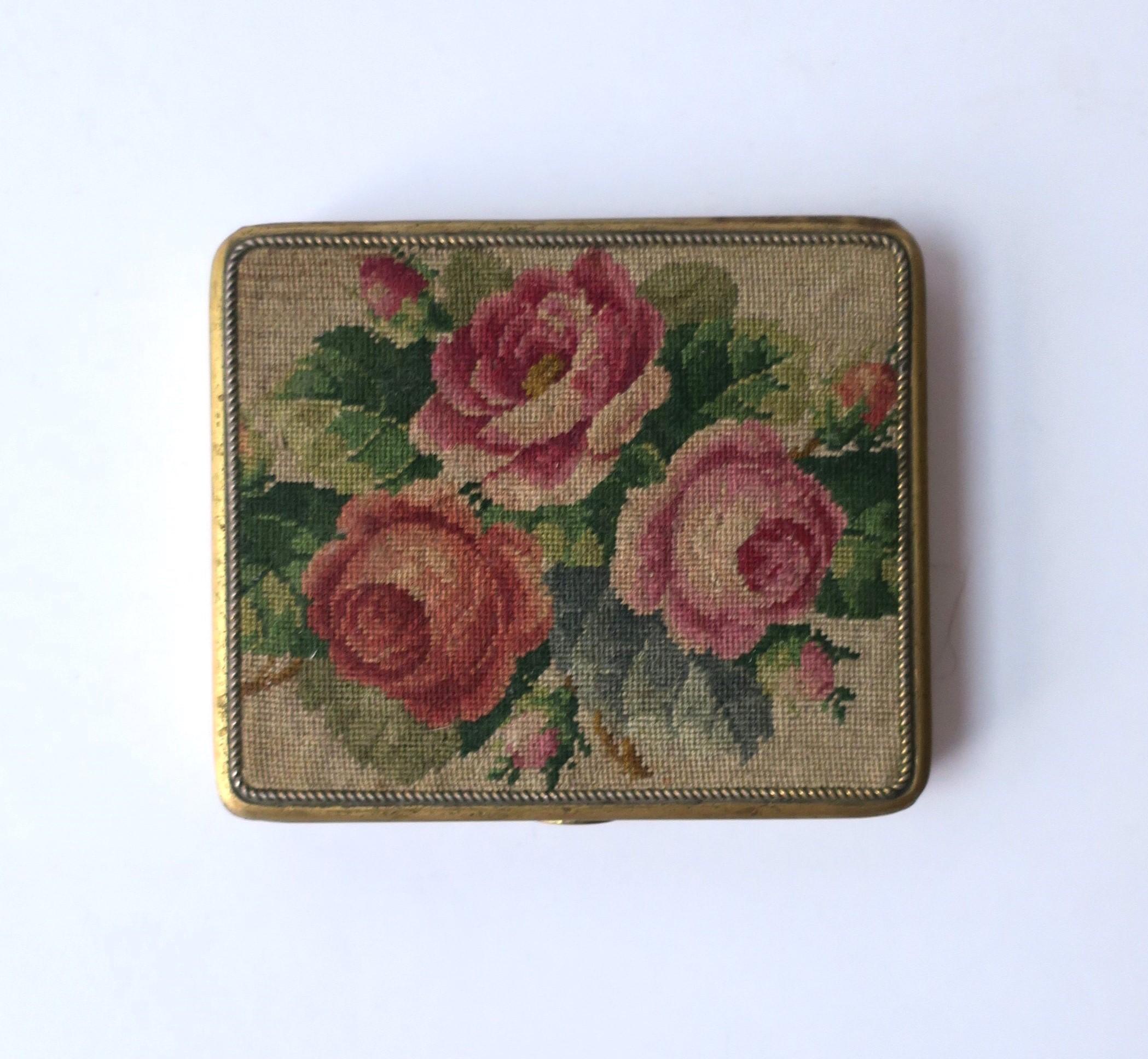 Enameled Needlepoint Brass Box with Roses For Sale
