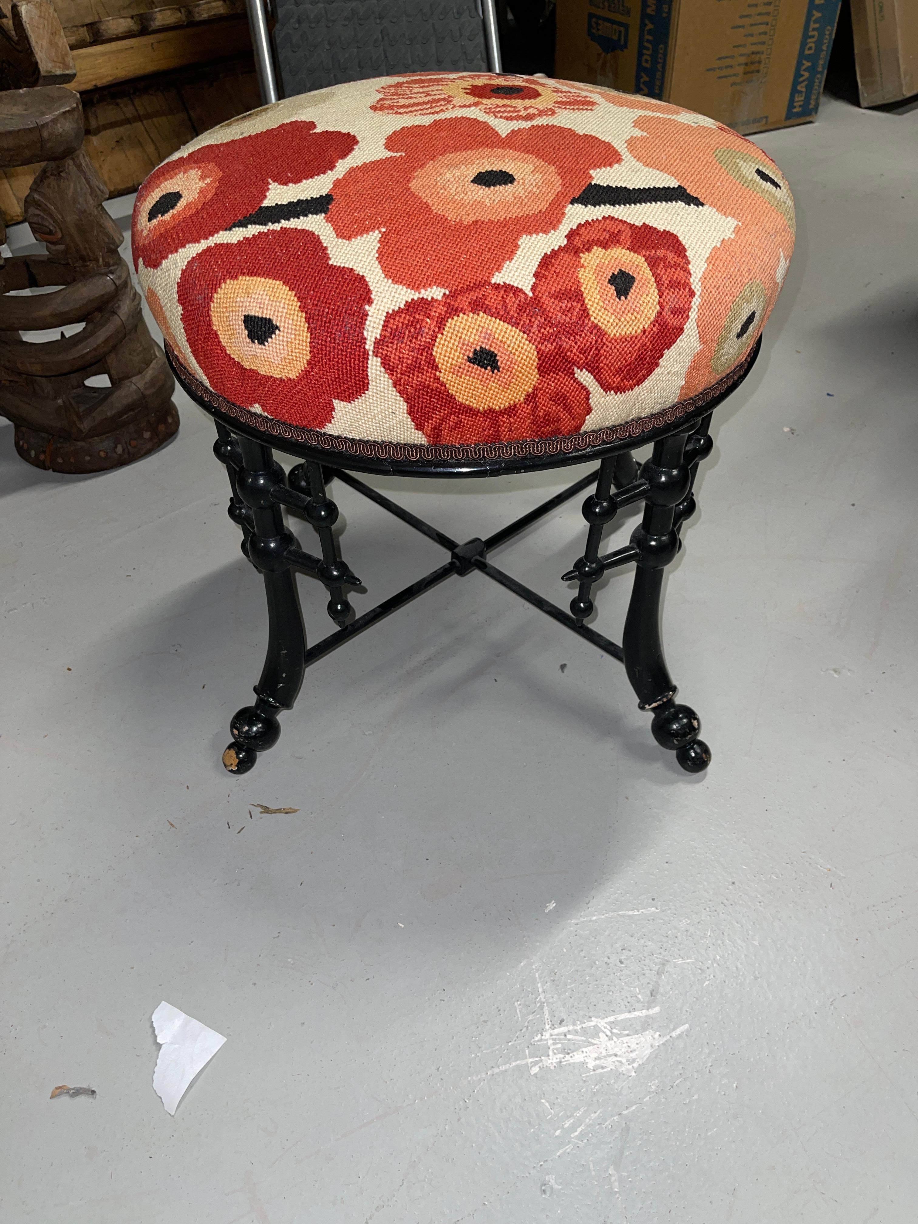 Hand-Crafted Needlepoint Faux Bamboo Stool