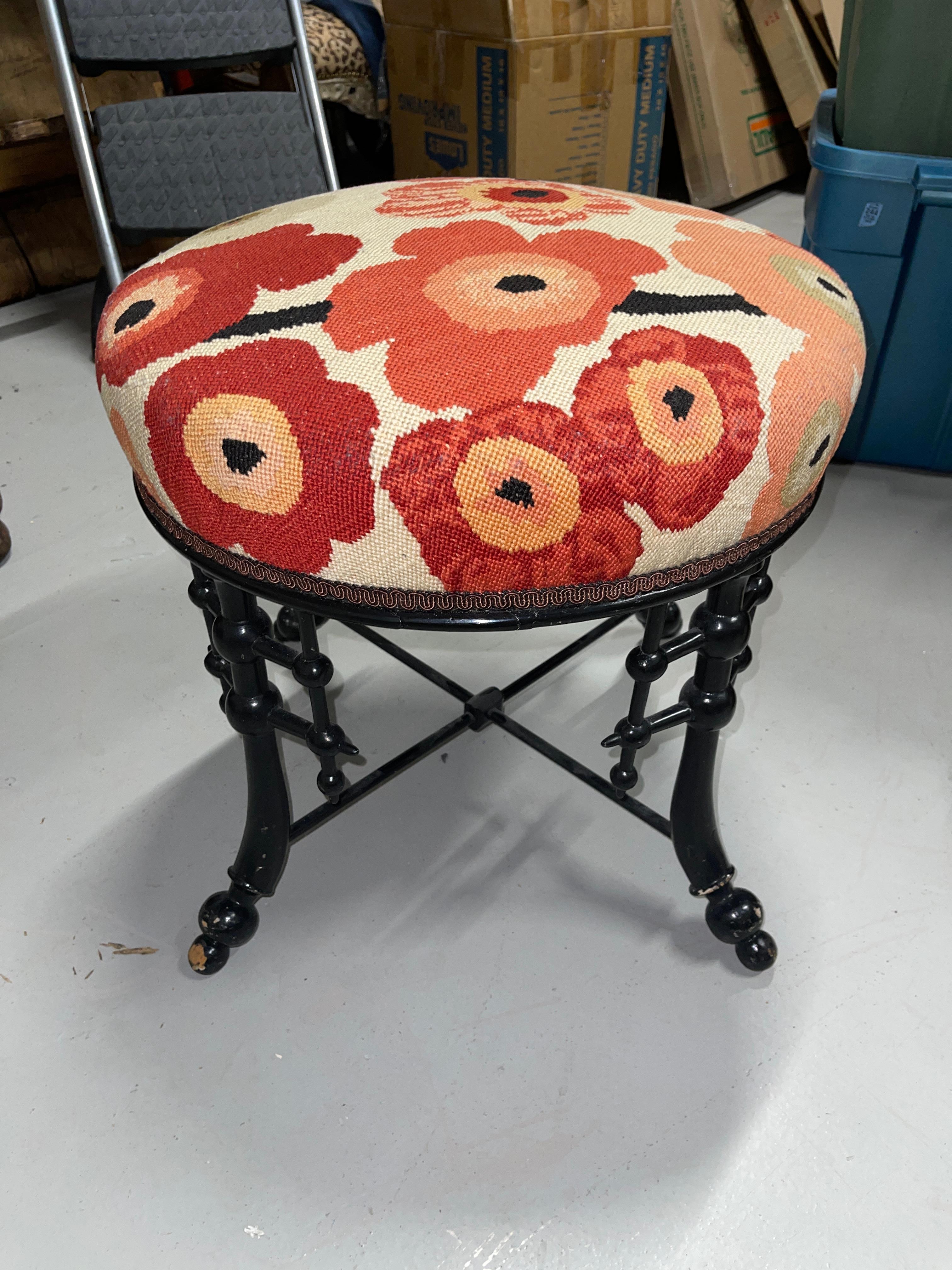 Needlepoint Faux Bamboo Stool In Good Condition In Palm Springs, CA