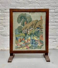 Needlepoint Fire Screen with Cottage Garden Scene, Wood Framed antique Hearth