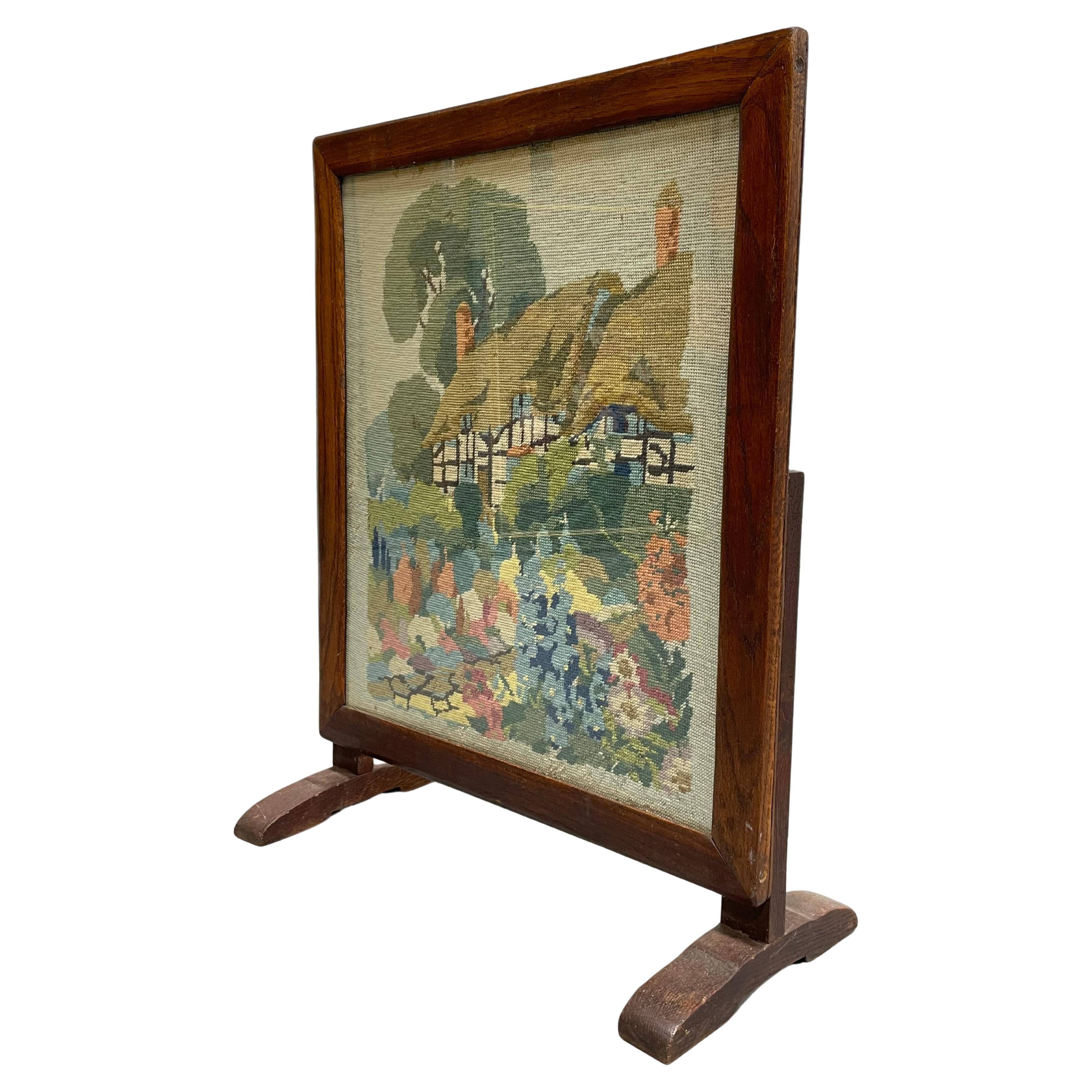 Needlepoint Fire Screen with Cottage Garden Scene, Wood Framed antique Hearth