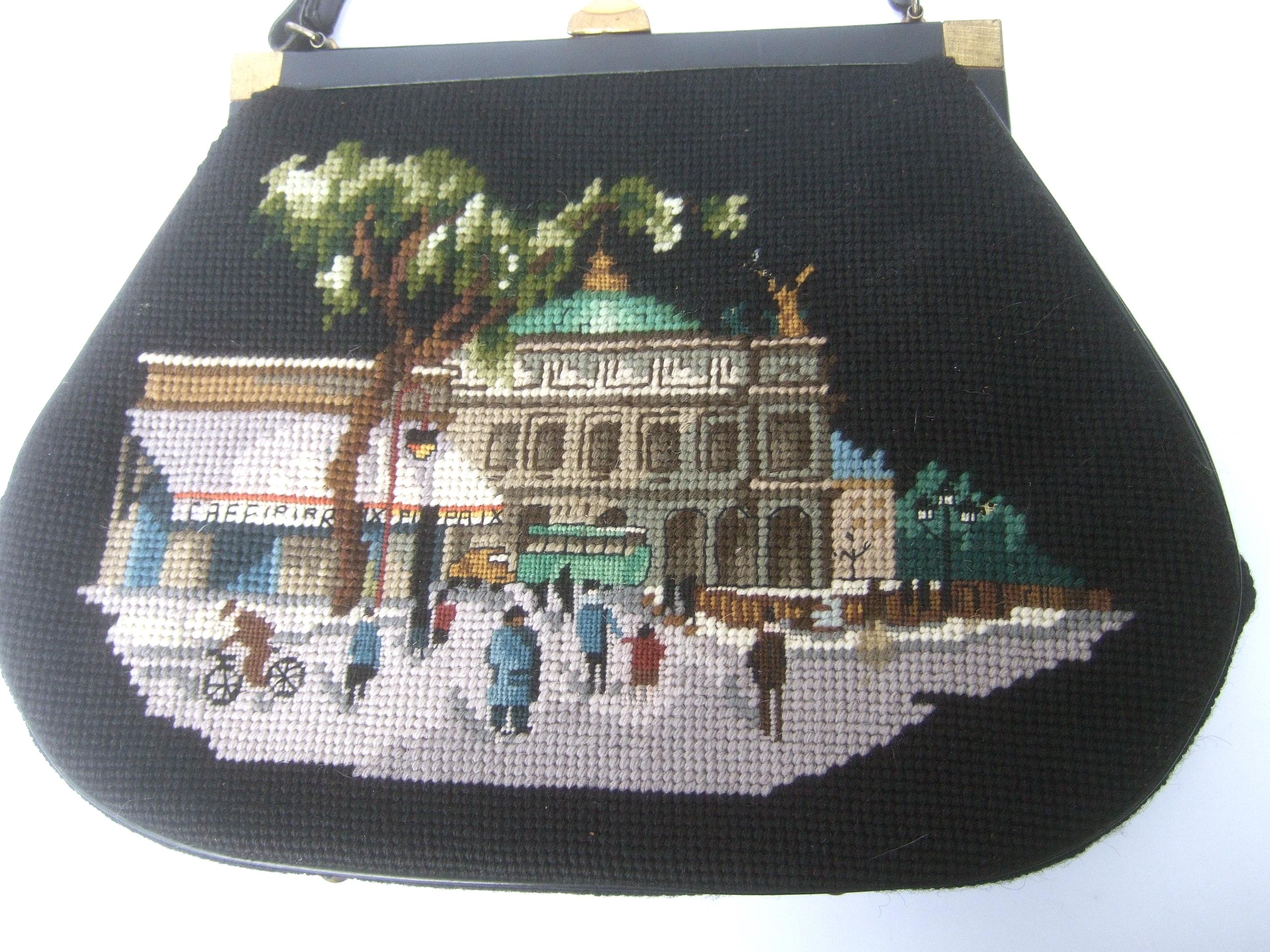 Black Needlepoint French Scene Artisan Handbag c 1960