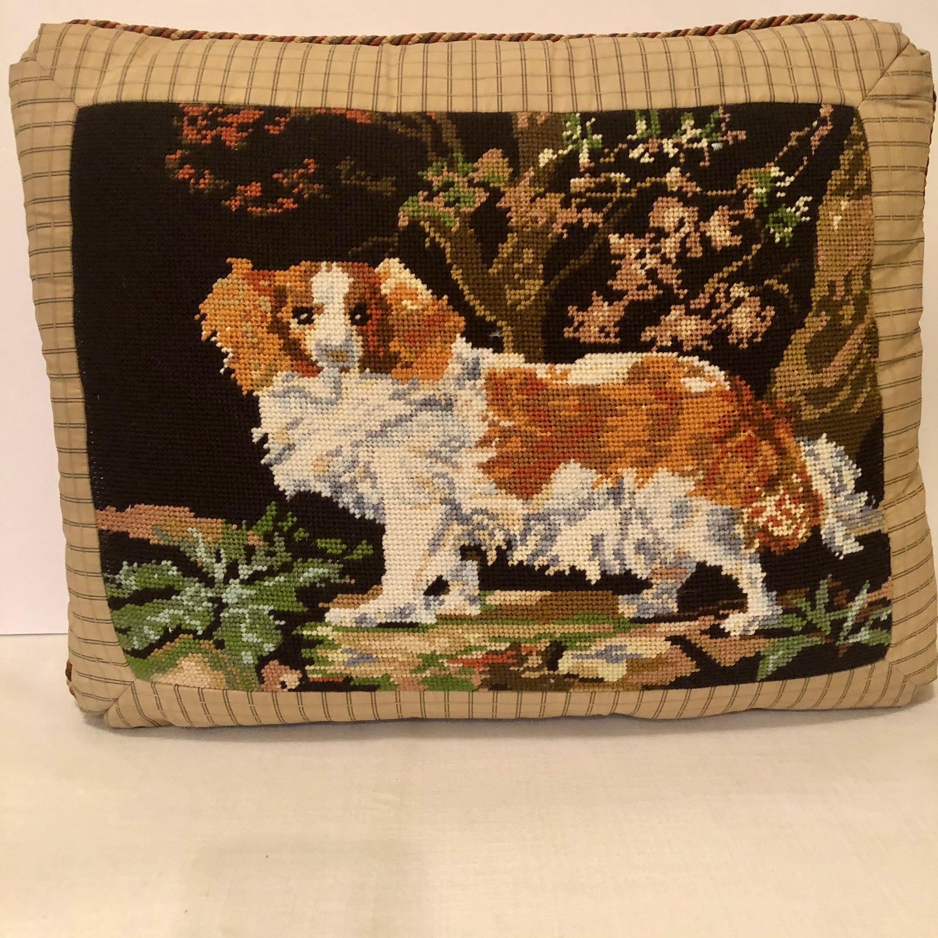 Victorian Needlepoint Pillow with King Charles Spaniel Playing in the Woods