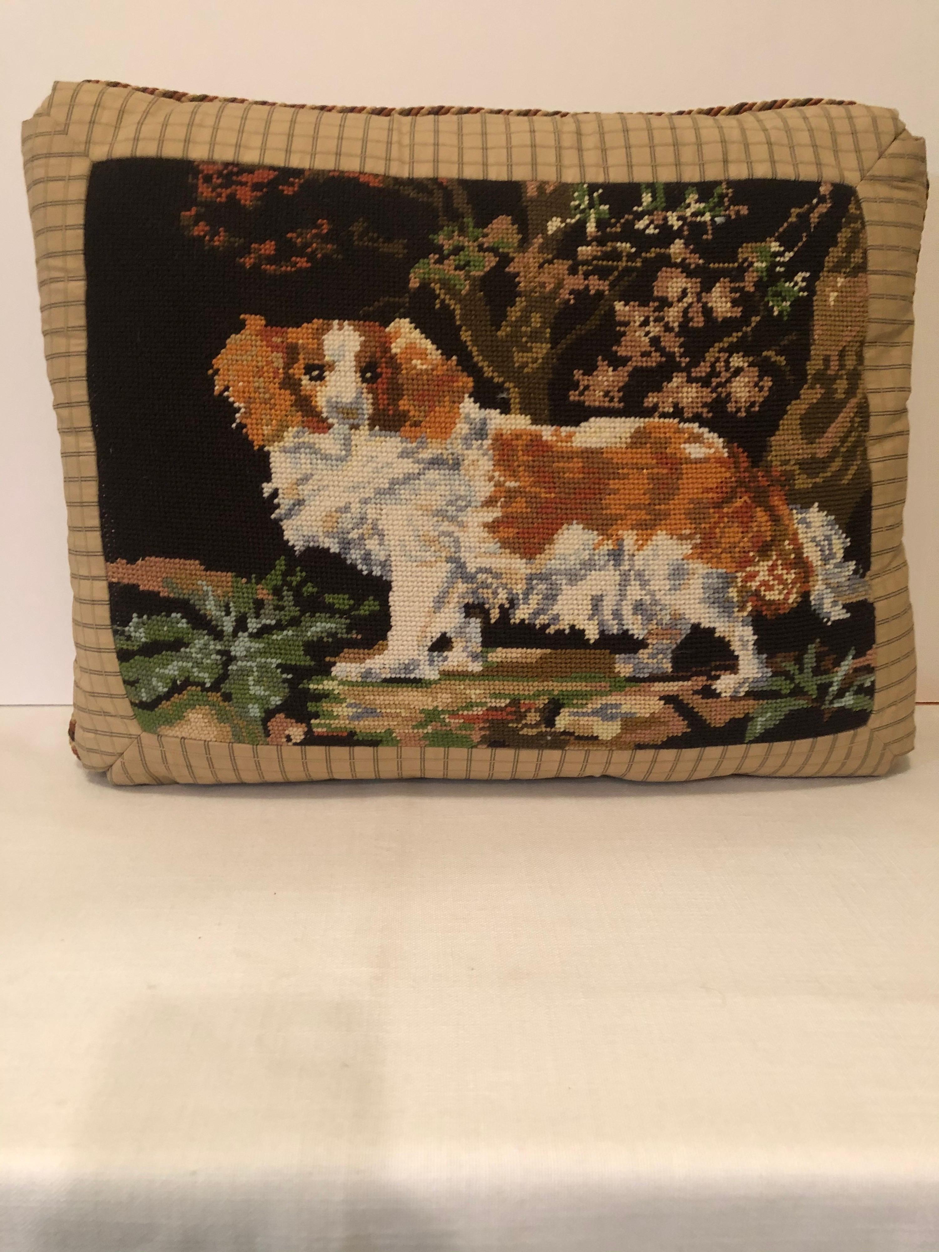 American Needlepoint Pillow with King Charles Spaniel Playing in the Woods