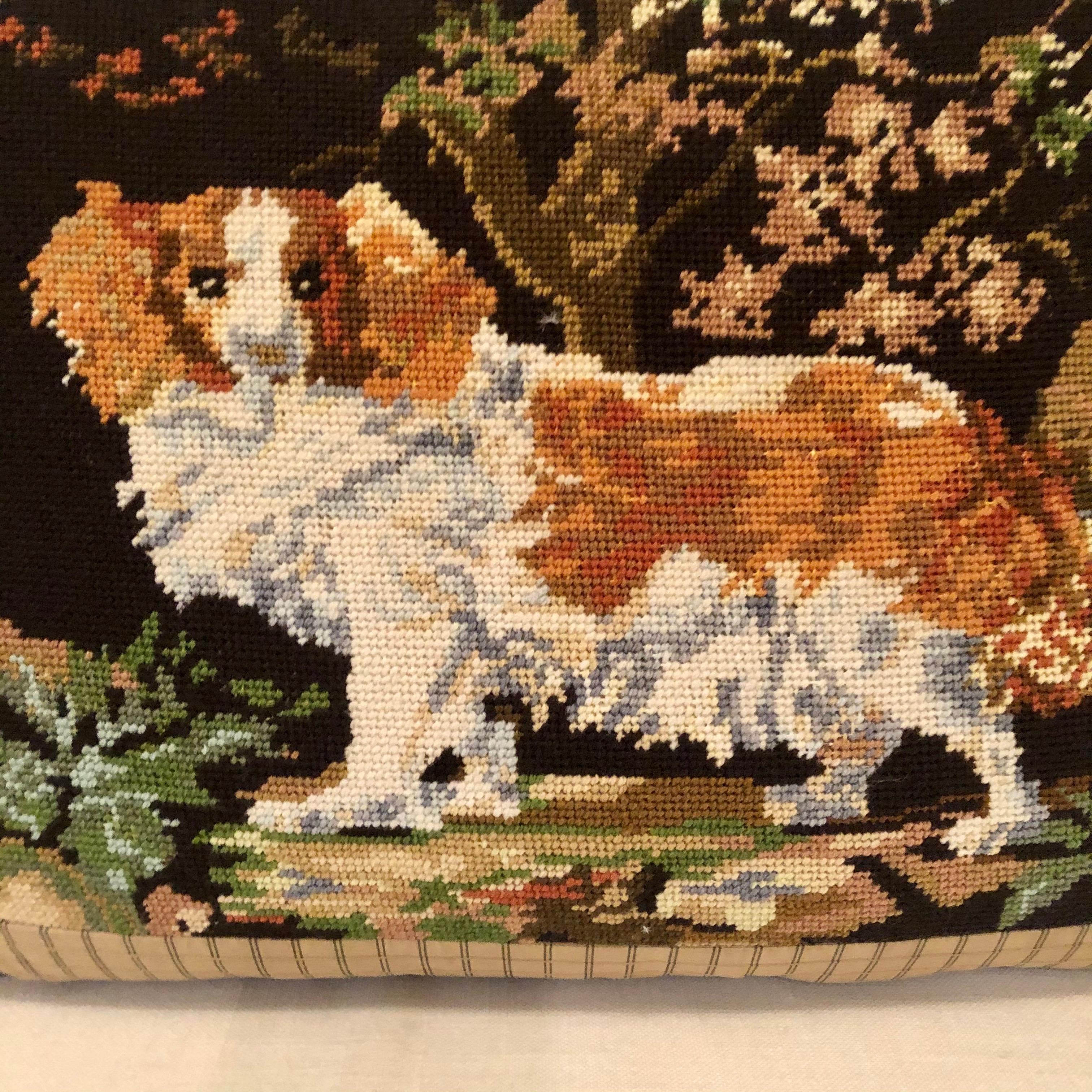 Needlepoint Pillow with King Charles Spaniel Playing in the Woods In Good Condition In Boston, MA