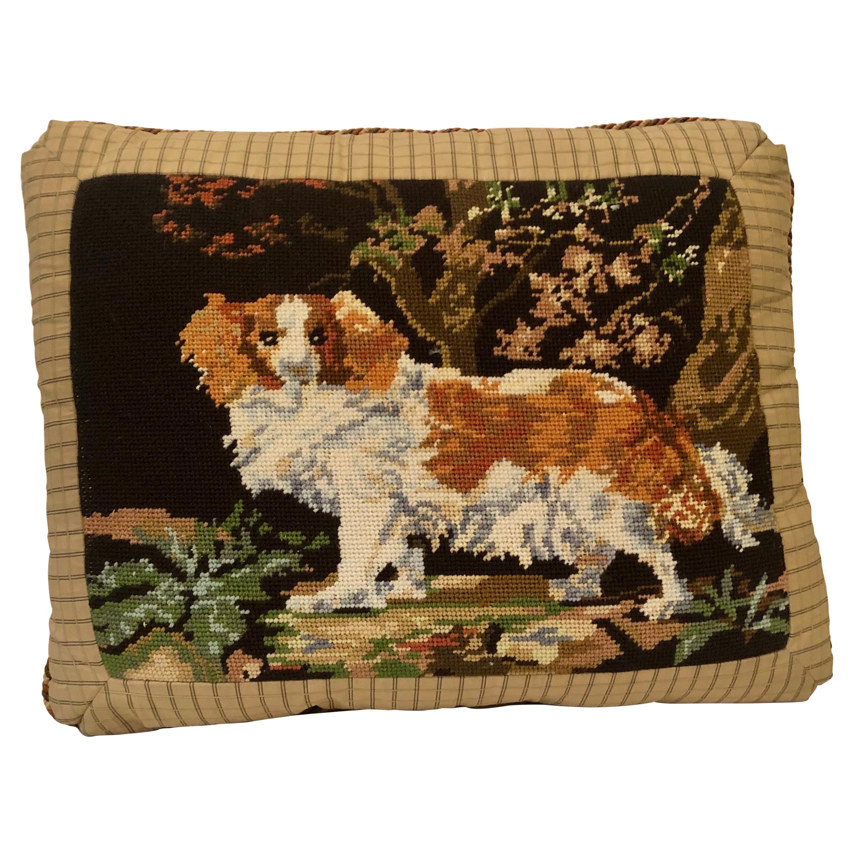 Needlepoint Pillow with King Charles Spaniel Playing in the Woods