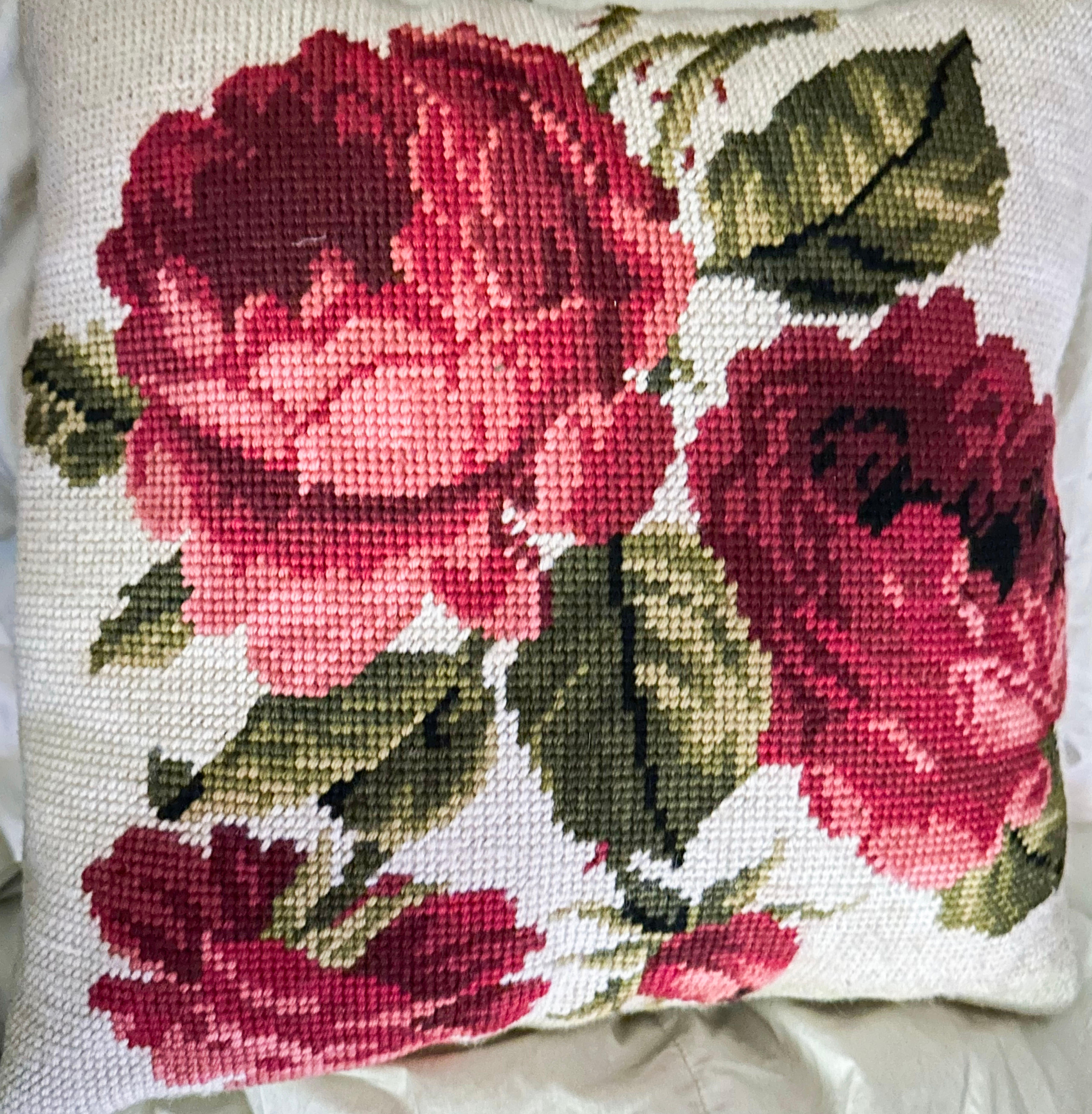 Needlepoint Rose with Fortuny Textile Throw Pillow, Down & Feather, Custom.  Adorable. From a Park Avenue estate. Originally paired with a Dorothy Draper sofa.