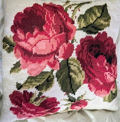 Needlepoint Rose & Fortuny Glicine Throw Pillow, Down & Feather, Custom.
