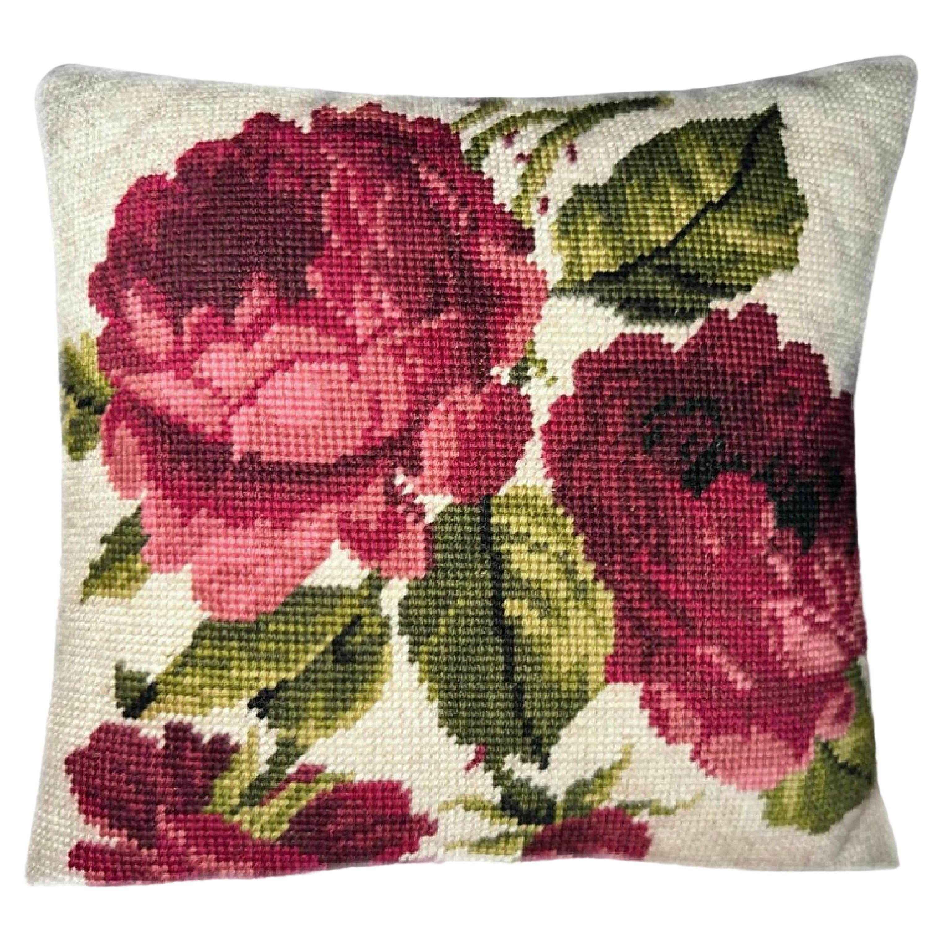 Needlepoint Rose & Fortuny Glicine Throw Pillow, Down & Feather, Custom.  For Sale