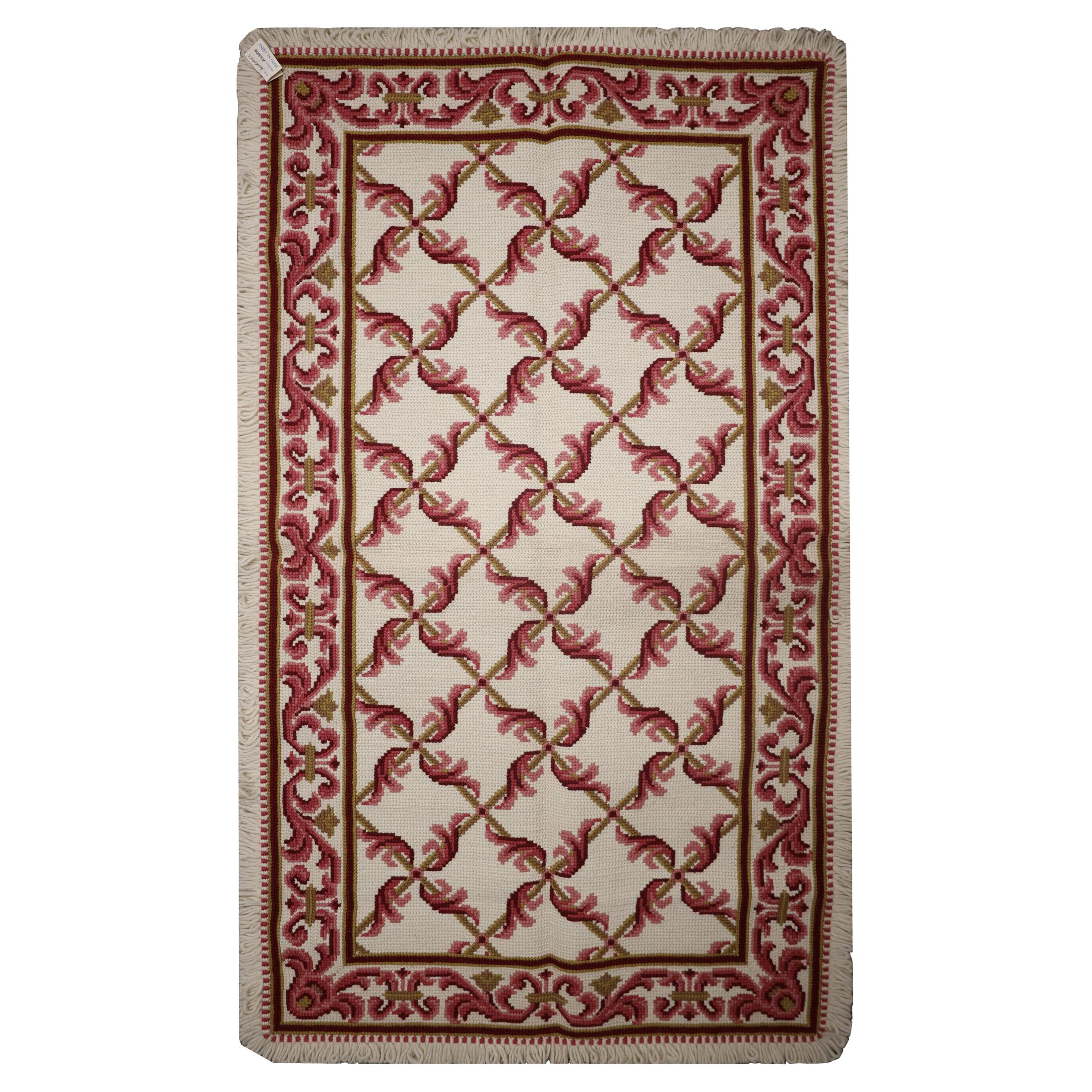 Needlepoint Rug Traditional Handwoven Oriental Carpet Pink Wool For Sale