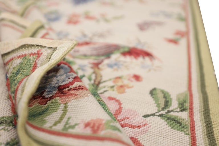 Needlepoint Runner Rug Classic Cream Wool Area Rug Handwoven Carpet For