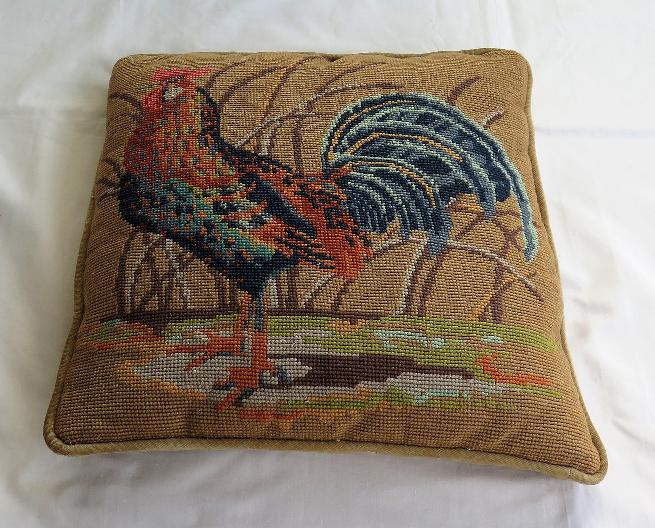 Country Needlepoint Tapestry Cushion or Pillow of Rooster or Cockerel, circa 1940