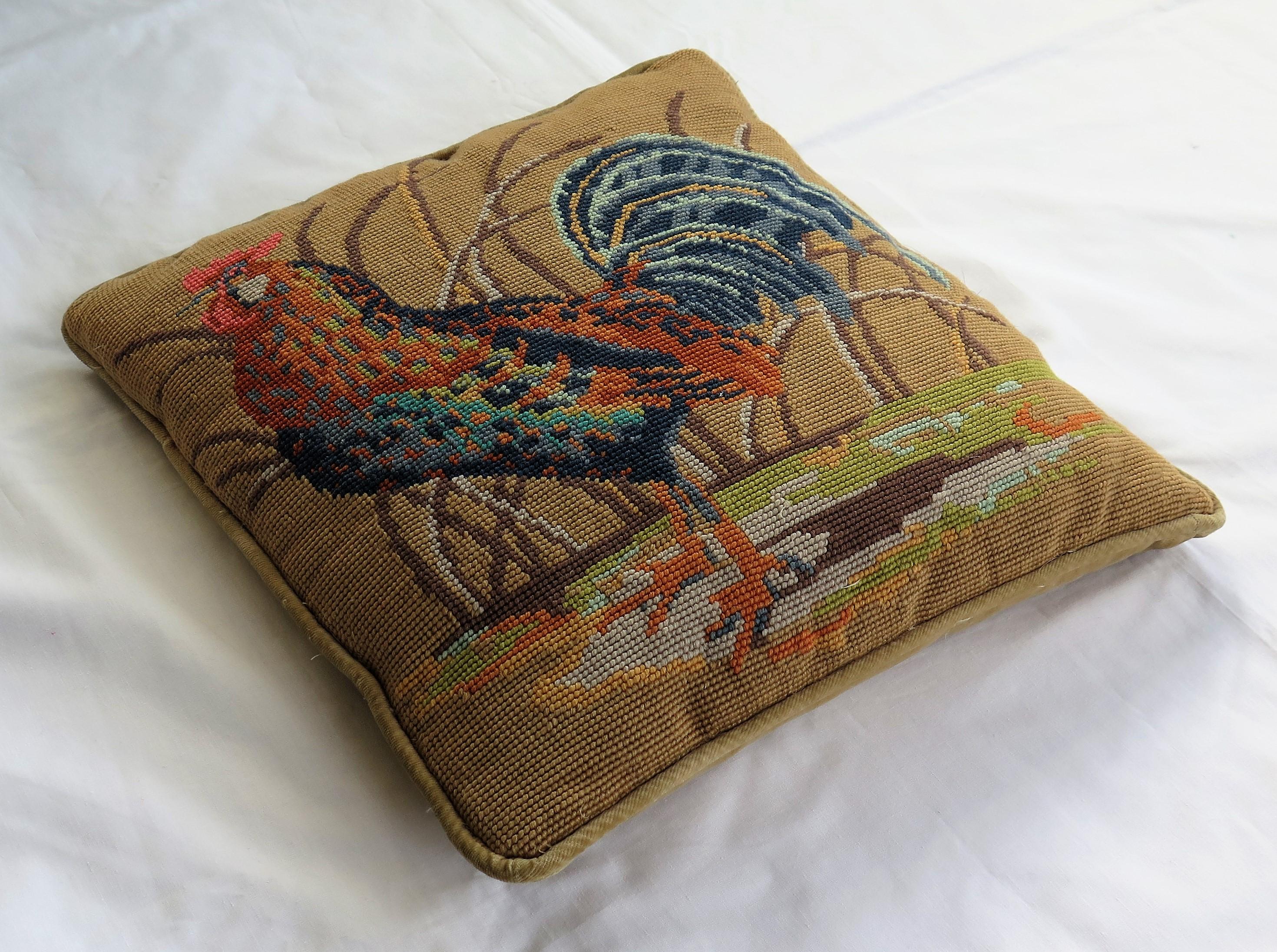 British Needlepoint Tapestry Cushion or Pillow of Rooster or Cockerel, circa 1940