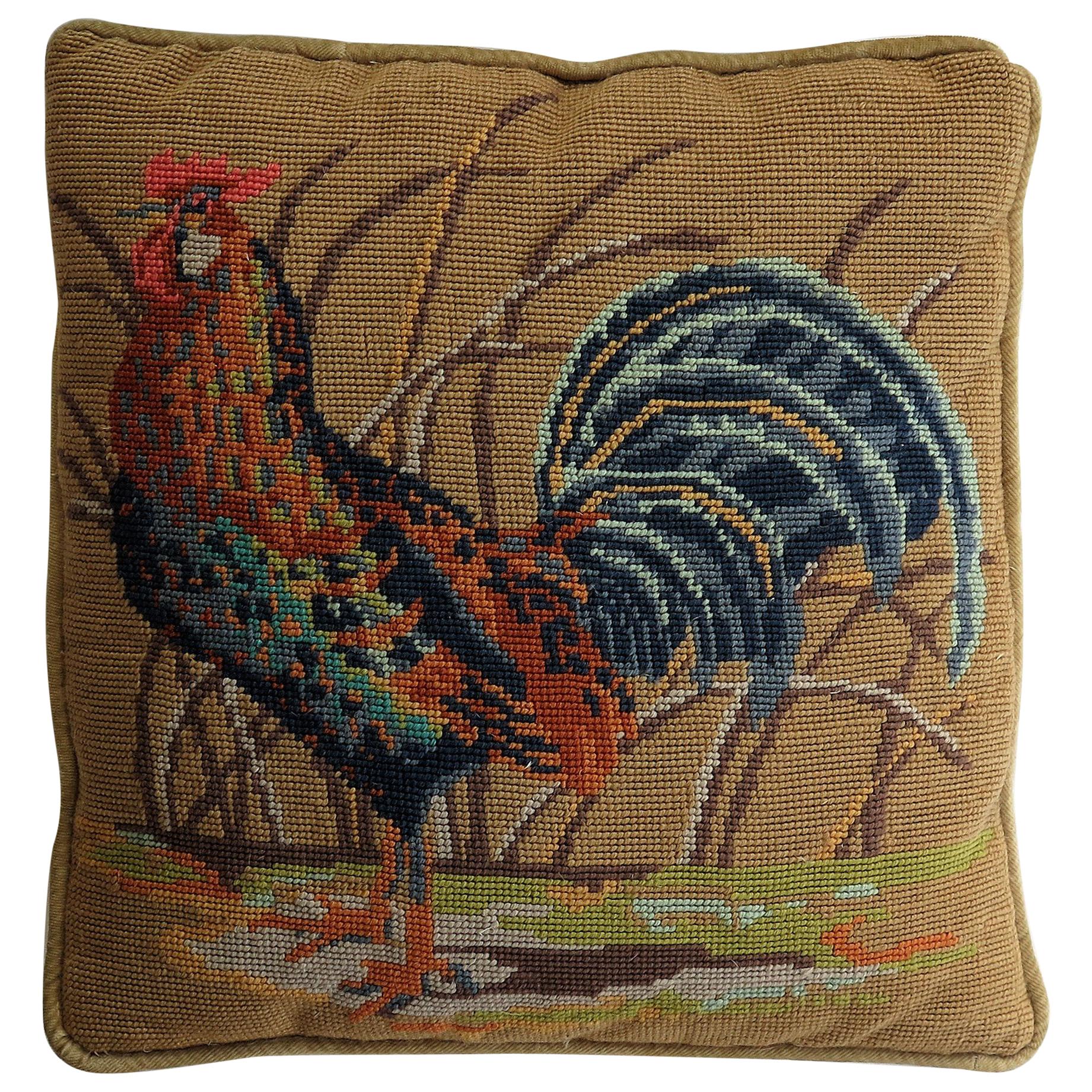 Needlepoint Tapestry Cushion or Pillow of Rooster or Cockerel, circa 1940