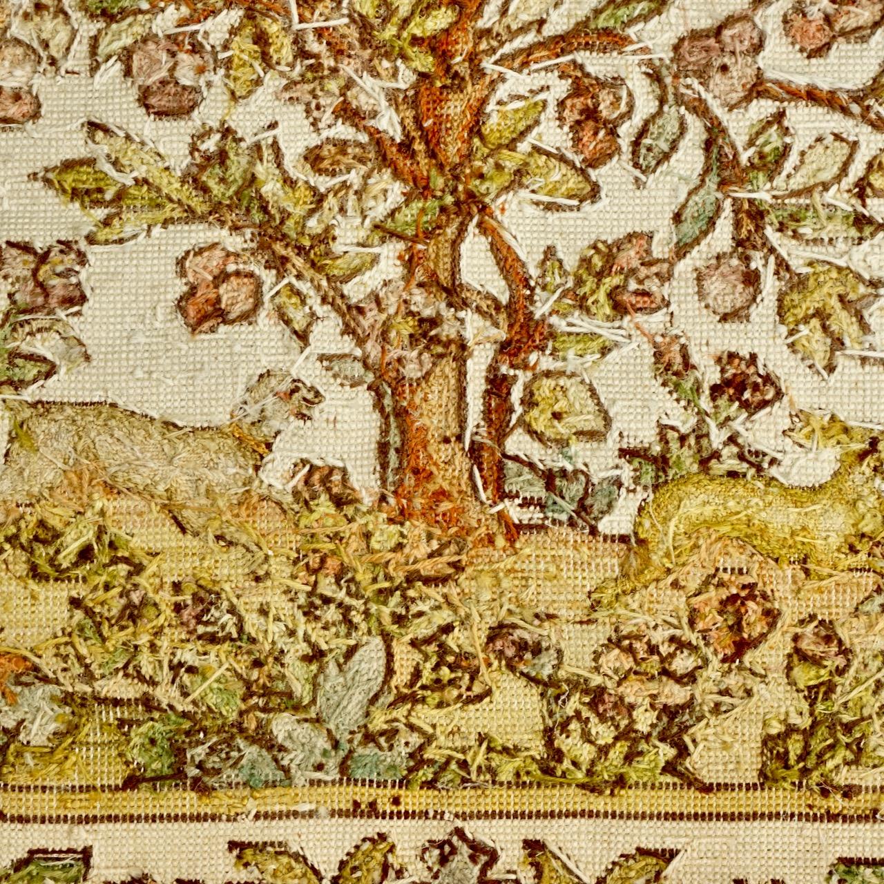 Needlepoint Tapestry Medieval Style Fruit Tree Flowers with Dog Rabbit and Bird For Sale 1