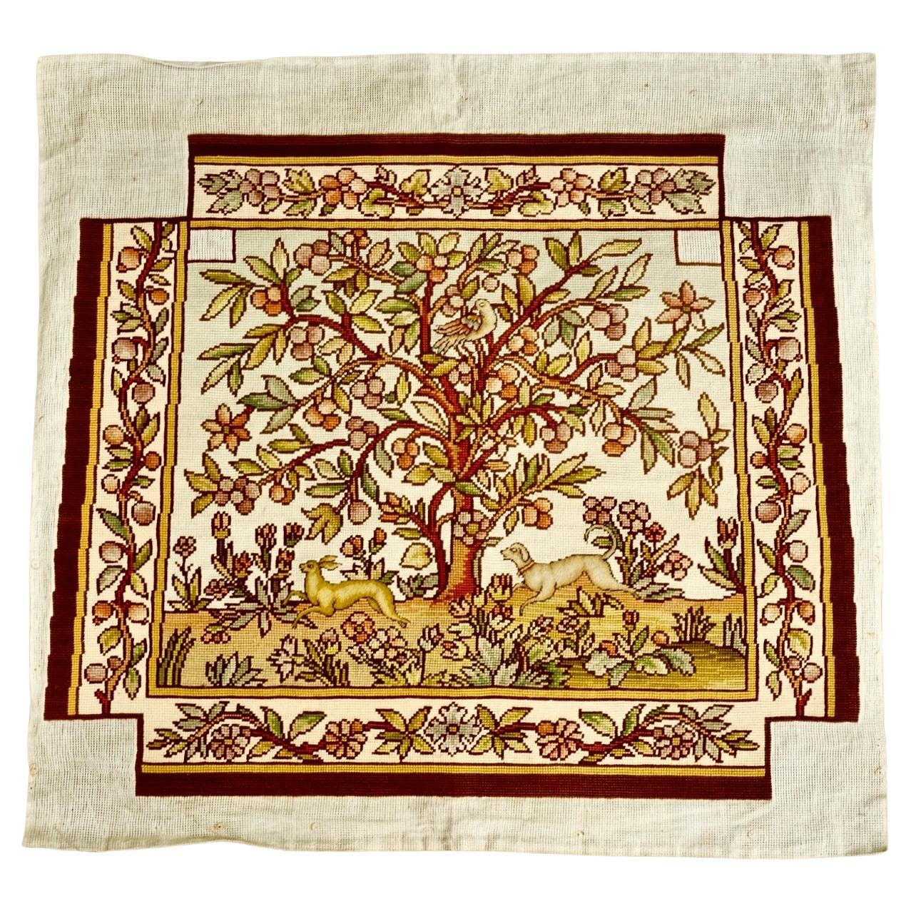 Needlepoint Tapestry Medieval Style Fruit Tree Flowers with Dog Rabbit and Bird For Sale