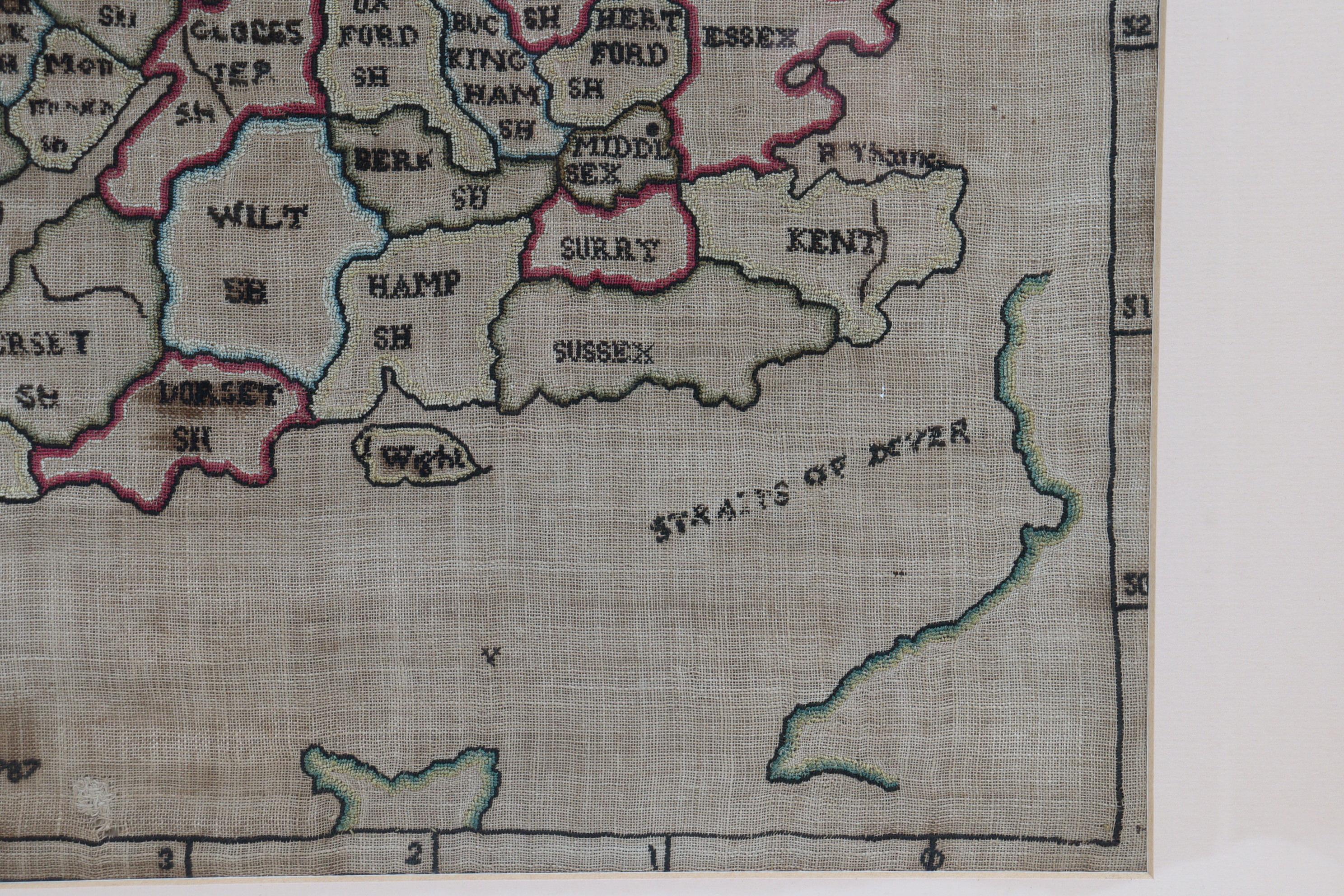 Needlework map of English and Welsh counties dated 1787 In Good Condition For Sale In East Geelong, VIC