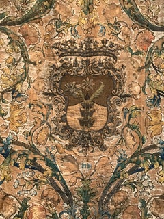 Needlework Tapestry with Intricate Shield and Floral Designs