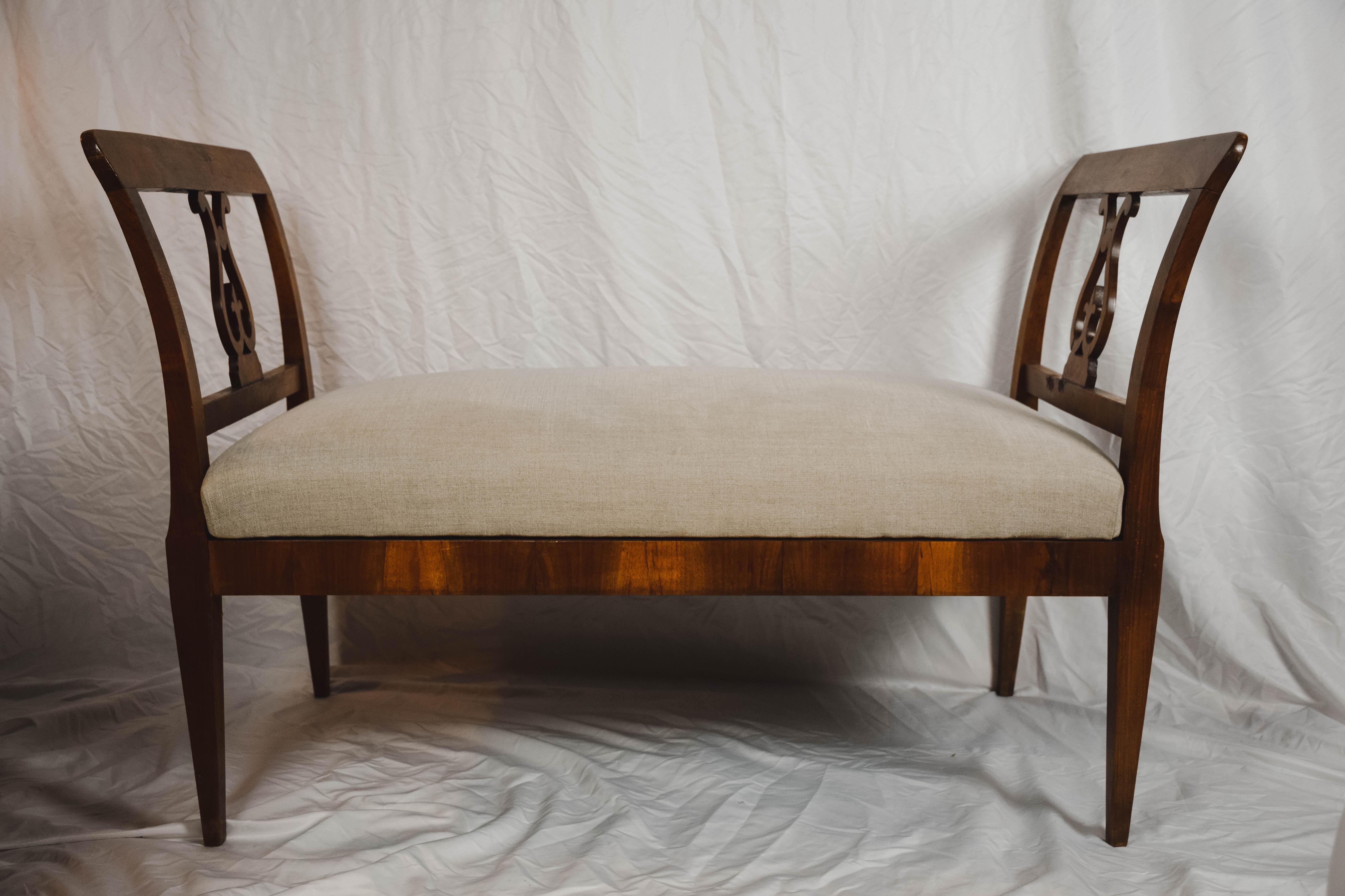 Austrian Biedermeier Walnut Bench with Lyre Style Side Arms