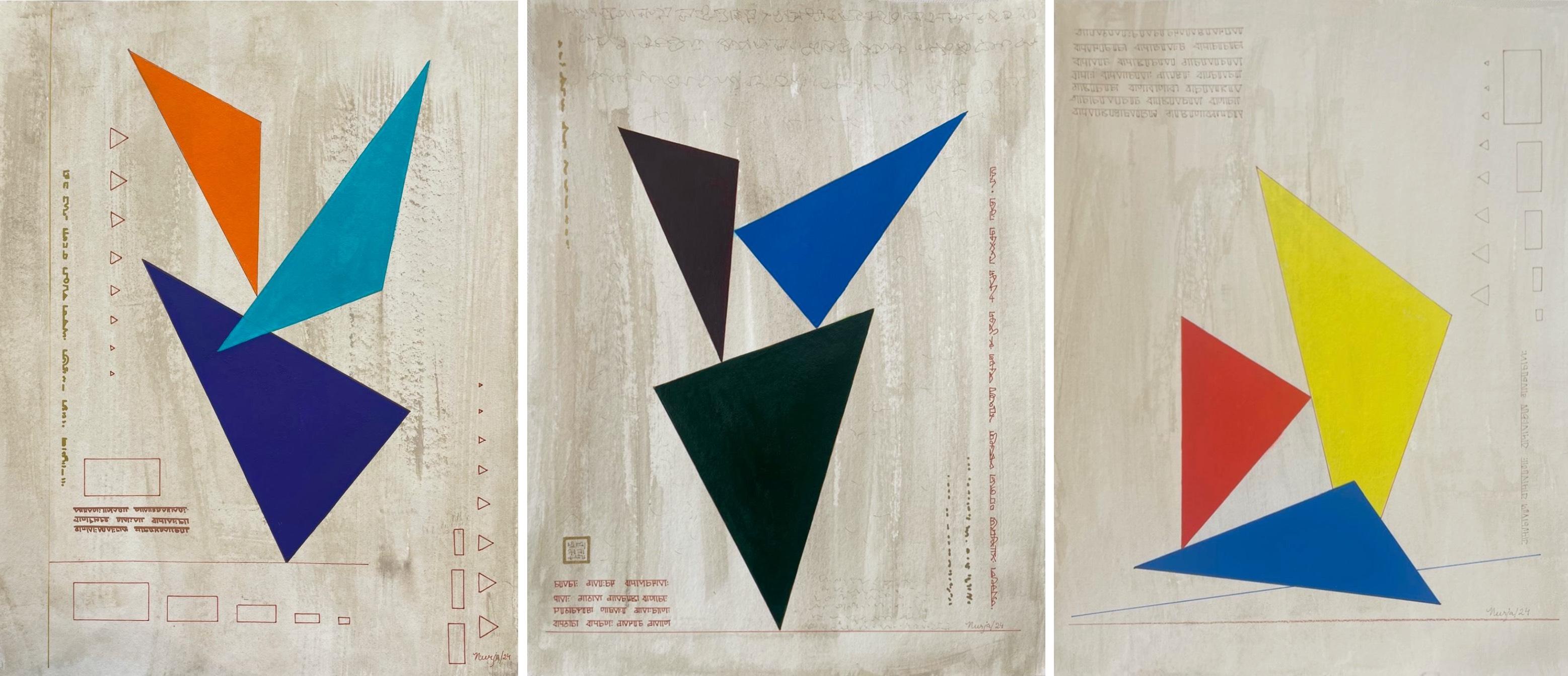 Spiel 1, 2 und 3 Triptychon. Aus der Reihe "The Play – Mixed Media Art von Neerja Chandna Peters