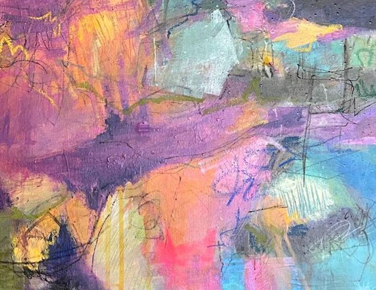 Sueño diurno,  Arte Contemporáneo Semi Abstracto Paisaje, Pintura Brillante Moderna - Abstract Painting Gris de Neeta Popat Kataria