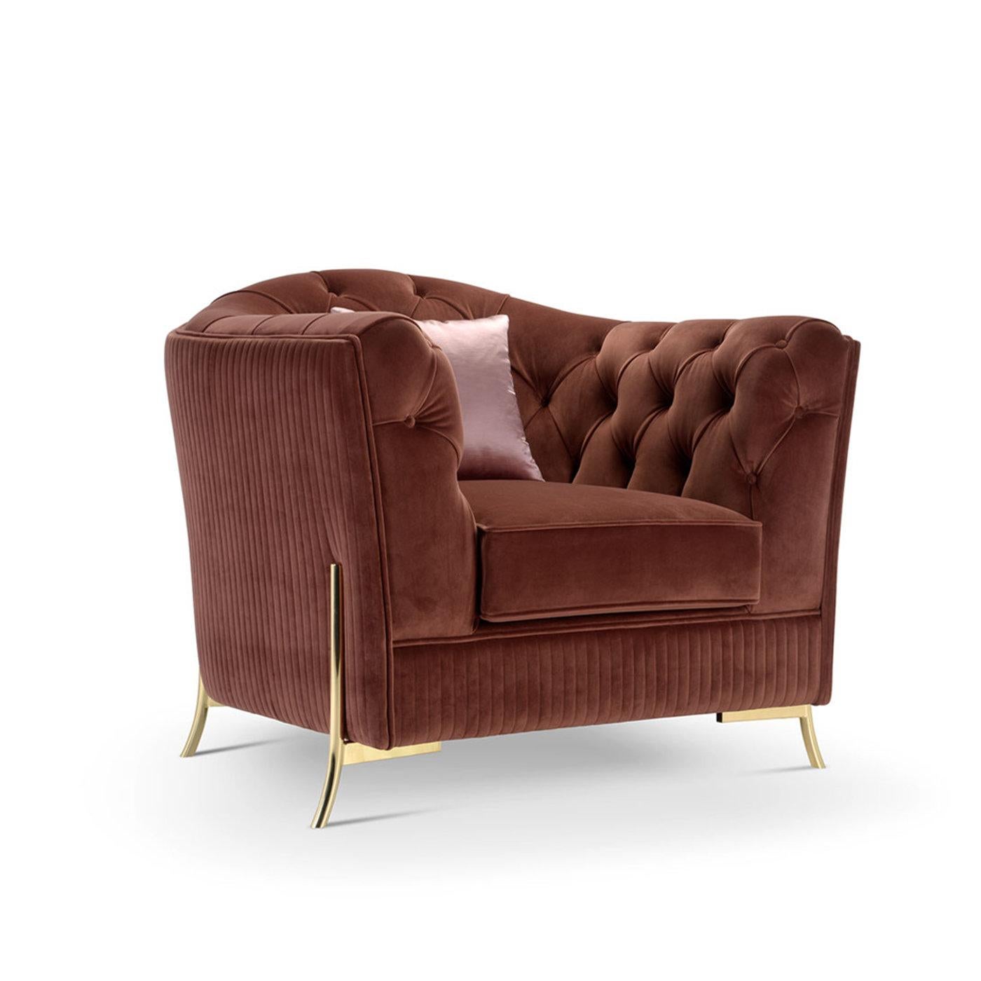 Nefele - the nymph born from a cloud with Zeus's help - inspired the luxurious silhouette of this handmade armchair. Raised on sinuous metal legs with a galvanized brass finish, the seat provides utmost comfort thanks to the generous padding
