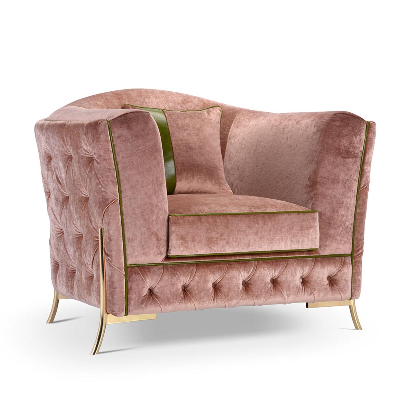 Inspired by Nefele, the Greek nymph of clouds, this glorious armchair flaunts a rich sartorial silhouette elegantly sustained by curved metal feet boasting a galvanized-brass finish. Exceptional capitonne tufting accents the base and the backrest's