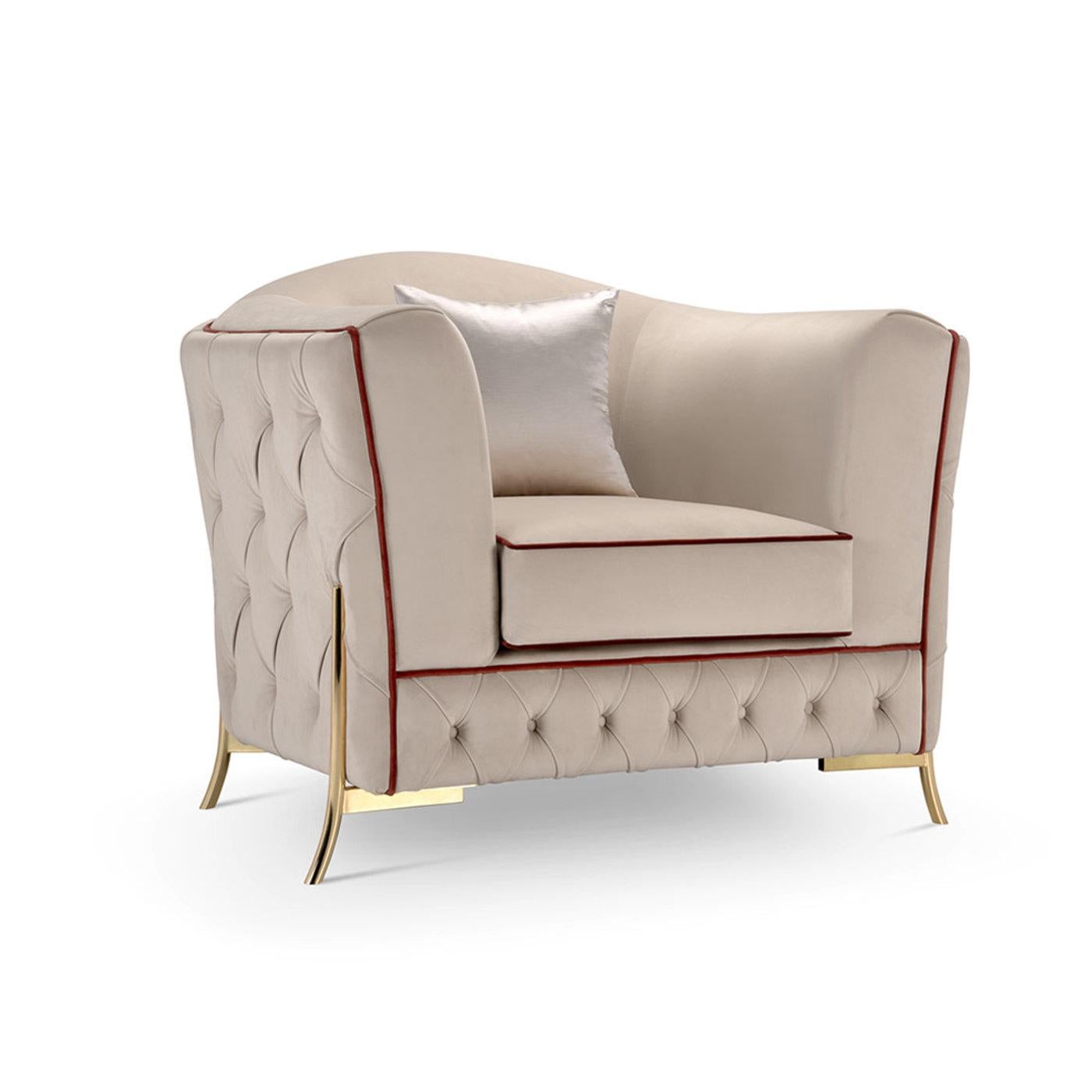 Nefele - Greek mythological nymph of clouds -inspired the abudant and sartorial look of this precious, artisan armchair whose wooden structure is richly padded to ensure optimum comfort. A precious capitonne quilted motif adds character to