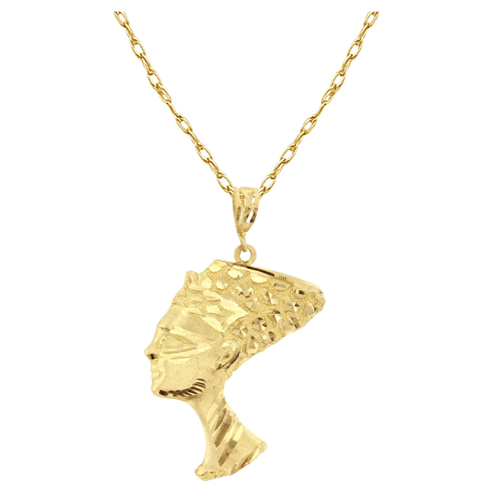 Nefertiti Egyptian Queen Necklace 10K Yellow Gold For Sale