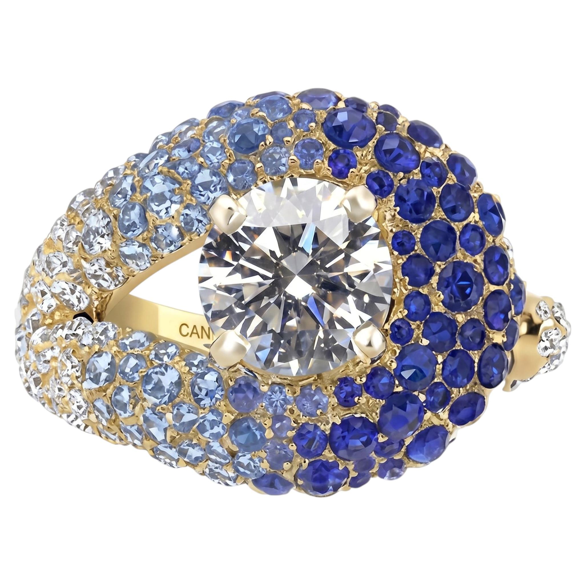 For Sale:  Nefertiti Ring in 18k Gold with Diamonds & Blue Sapphires by MARIANNE CANARELLI