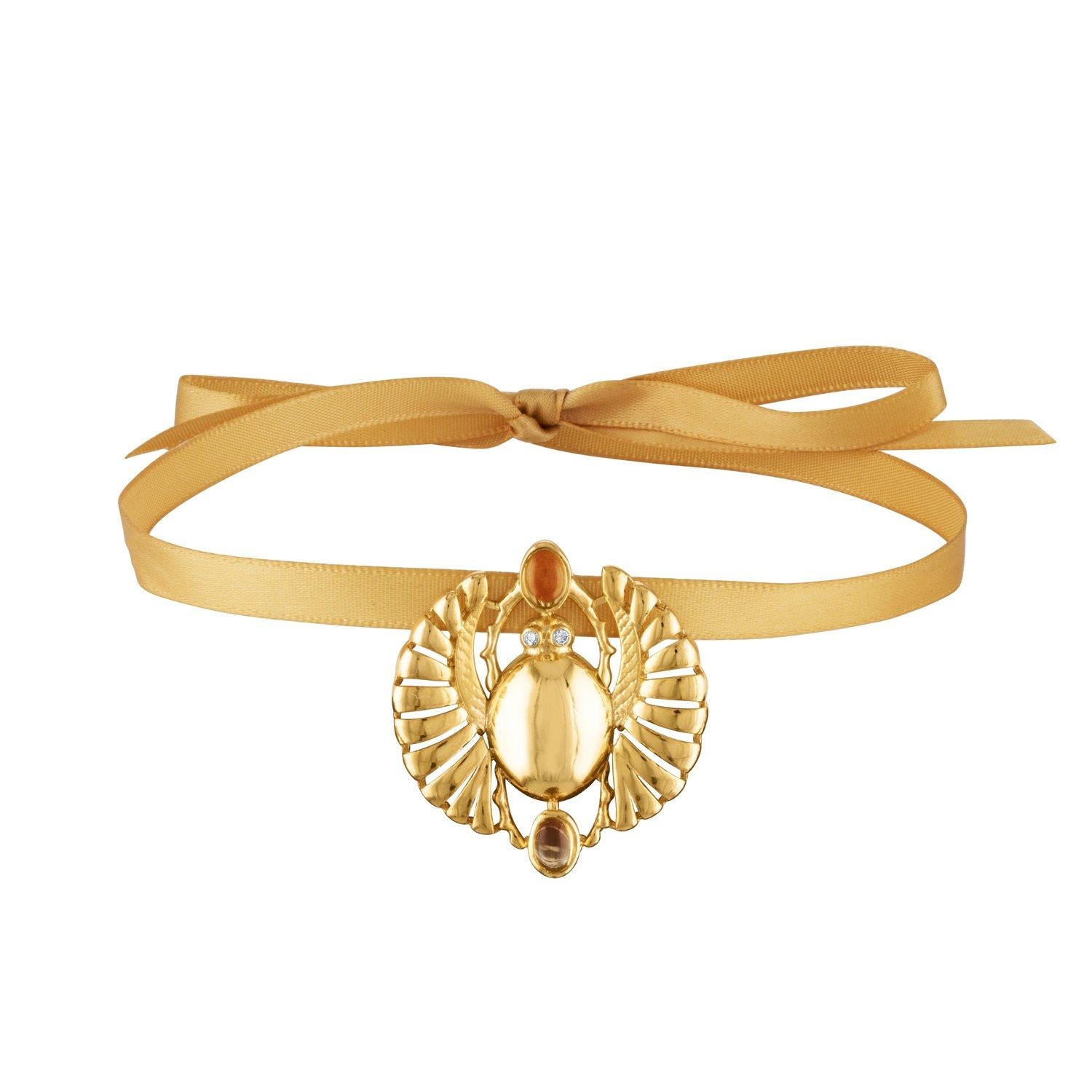 Nefertiti Winged Scarab Pendant Choker Necklace with Citrine in 18k Gold Vermeil For Sale