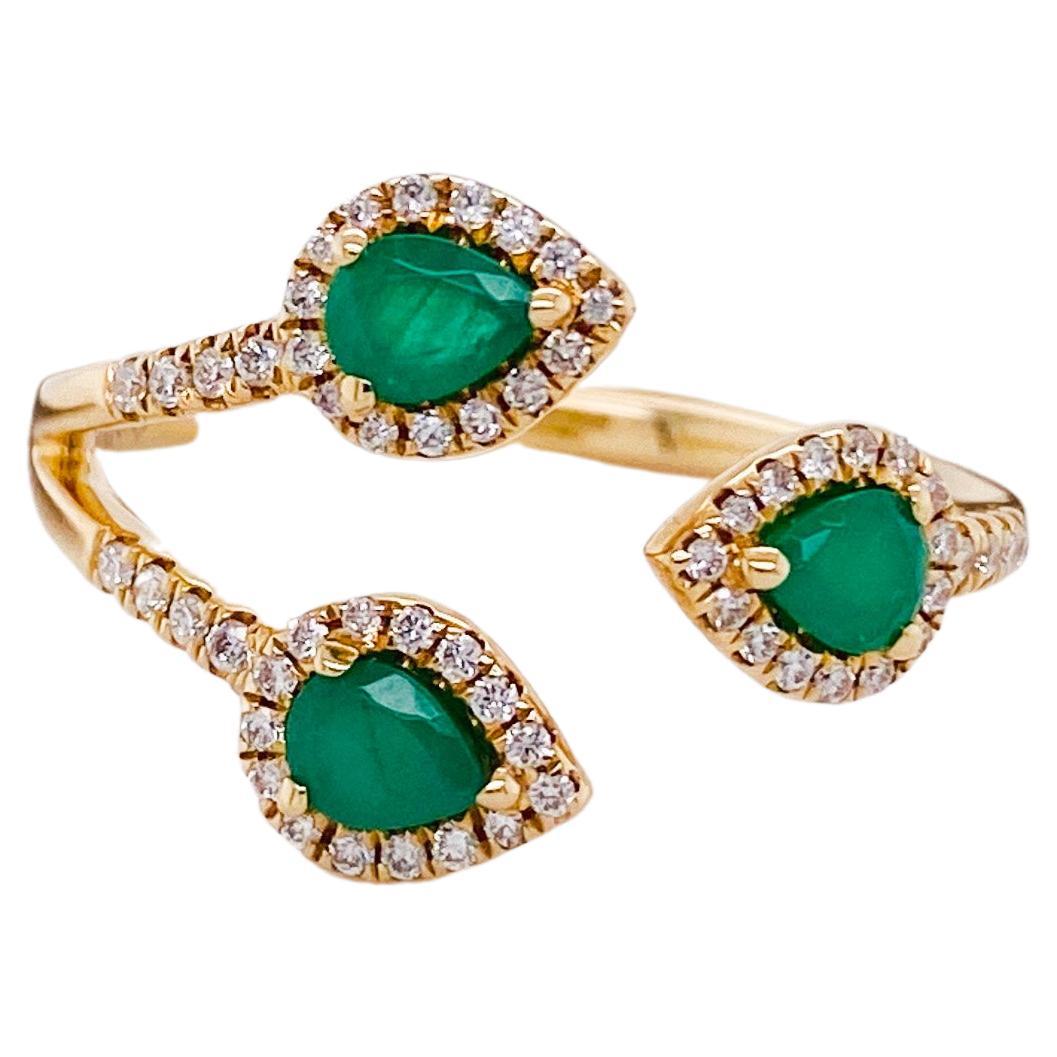 Negative Space Emerald & Diamond Ring Pear Shaped Diamond Halo Ring Sizable