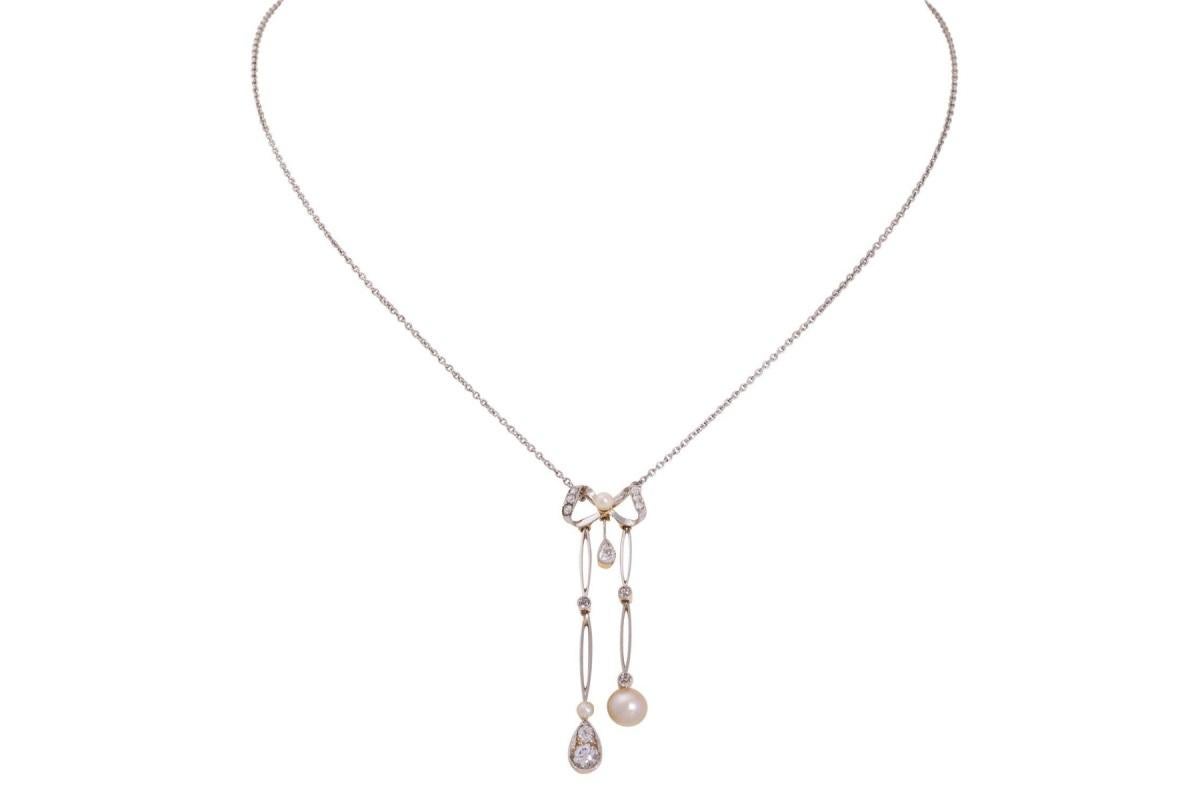 Old European Cut Negligée necklace with diamonds and pearls, early 20th century.