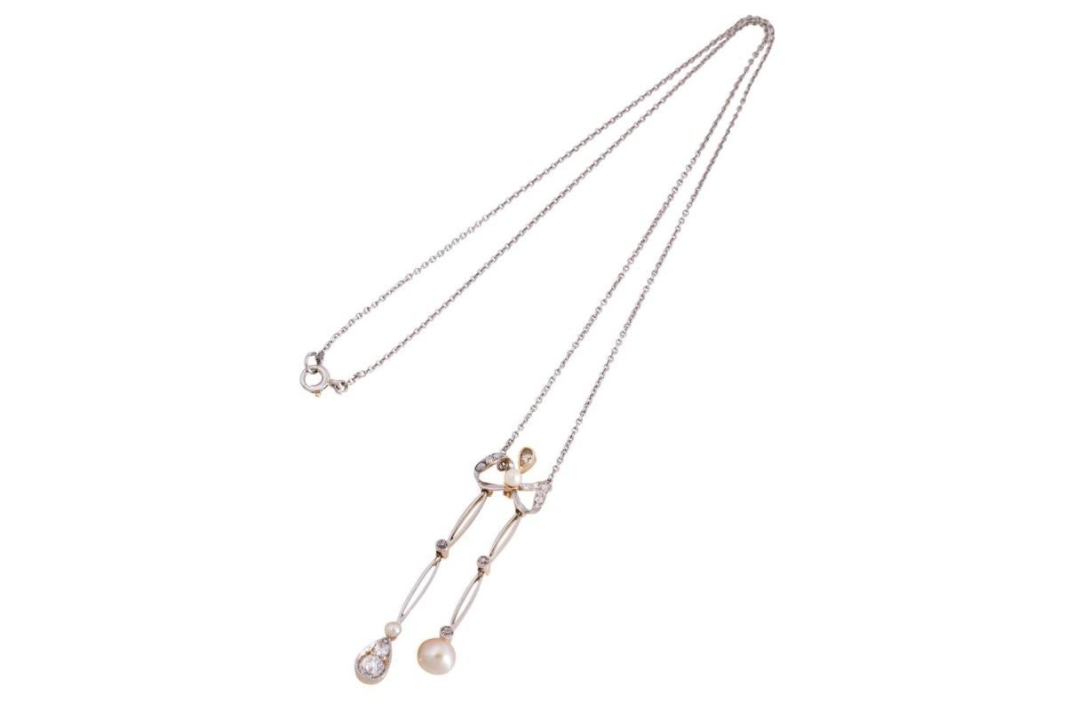 Negligée necklace with diamonds and pearls, early 20th century. In Good Condition In Chorzów, PL