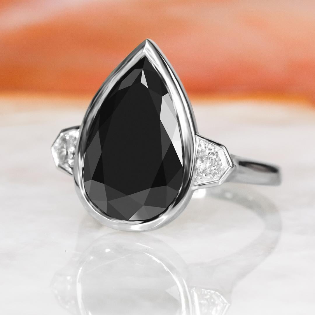 Art Deco Negra Sombra Bezel Natural Black Diamond Pear Engagement Ring - 5.89 Ct For Sale