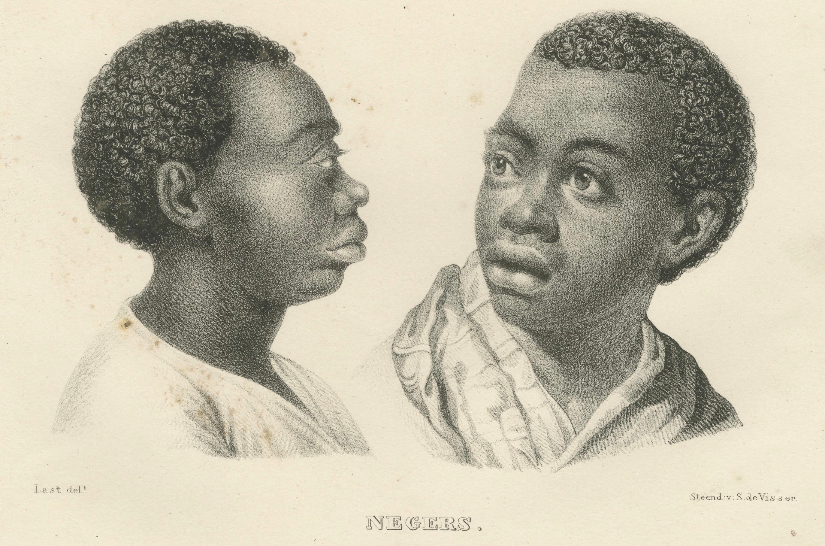 Negro and Bushmen Portraits, Lithographs by C. Last, 1836, Ethnographic Studies In Good Condition For Sale In Langweer, NL