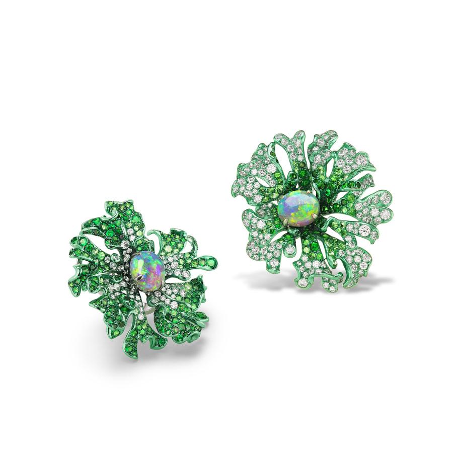 Jolene Earrings designed by Neha Dani have 4.08 Carat Australian Black Opals accented with 5.54 Carat Round Full Cut Diamonds and 7.41 Carat Tsavorites in inverted pave colour pattern. The button style earrings are custom Green Rhodium finish over