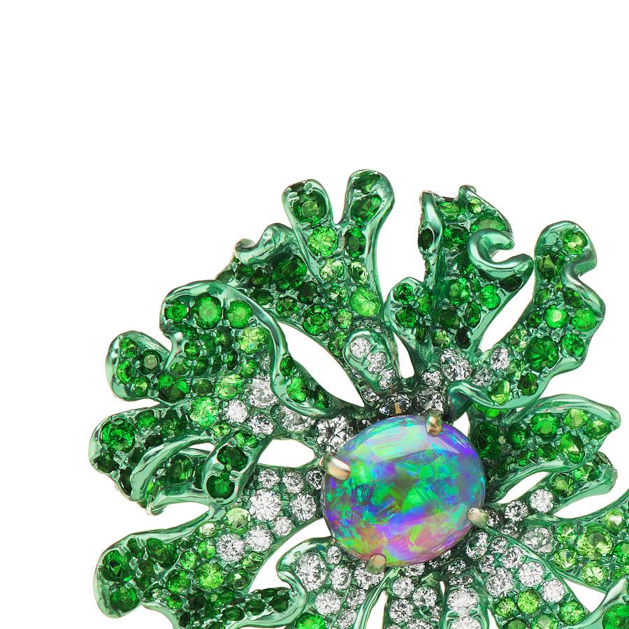 Round Cut Neha Dani Black Opal, Tsavorite, Diamond Gold with Green Rhodium Jolene Earrings For Sale