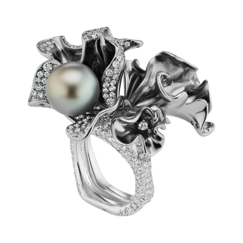Neha Dani Black Tahitian Pearl, Diamonds with Grey Rhodium Finish Orabella Ring