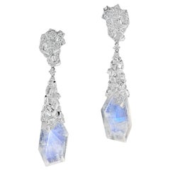 Neha Dani Blue Moonstones and Diamonds Set in White Gold Margerie Drop Earrings