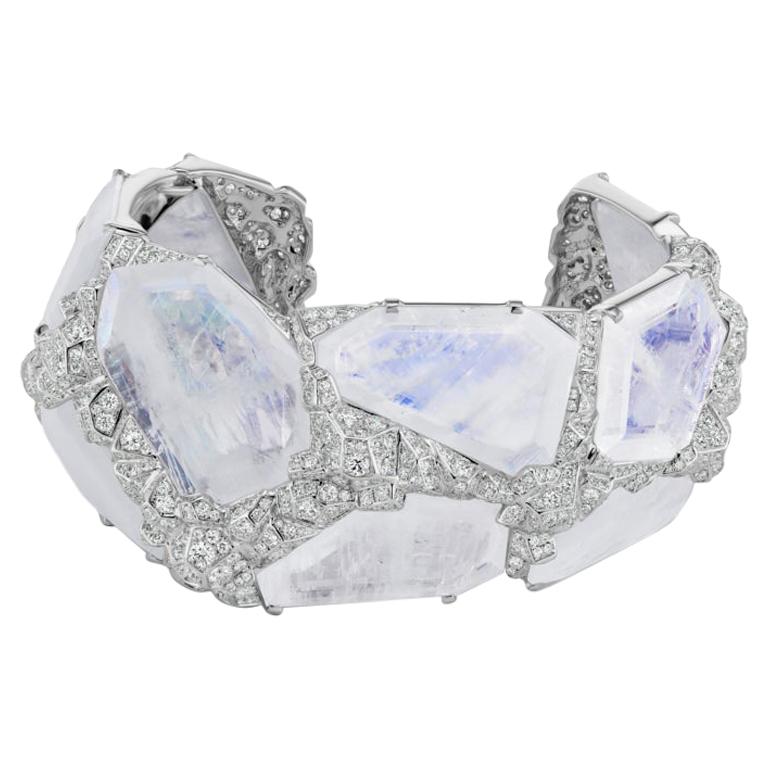 Neha Dani Blue Moonstones, Diamonds Set in White Gold Aialik Cuff Bracelet For Sale