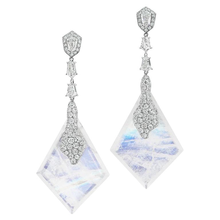 Neha Dani Blue Moonstones, Diamonds Set in White Gold Yulong Drop Earrings For Sale
