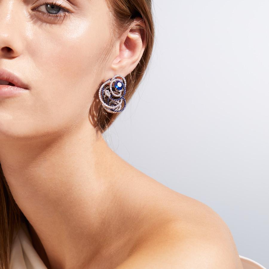 Contemporary Neha Dani Blue Sapphire and Shield Cut Diamonds in White Gold Arshee Earrings