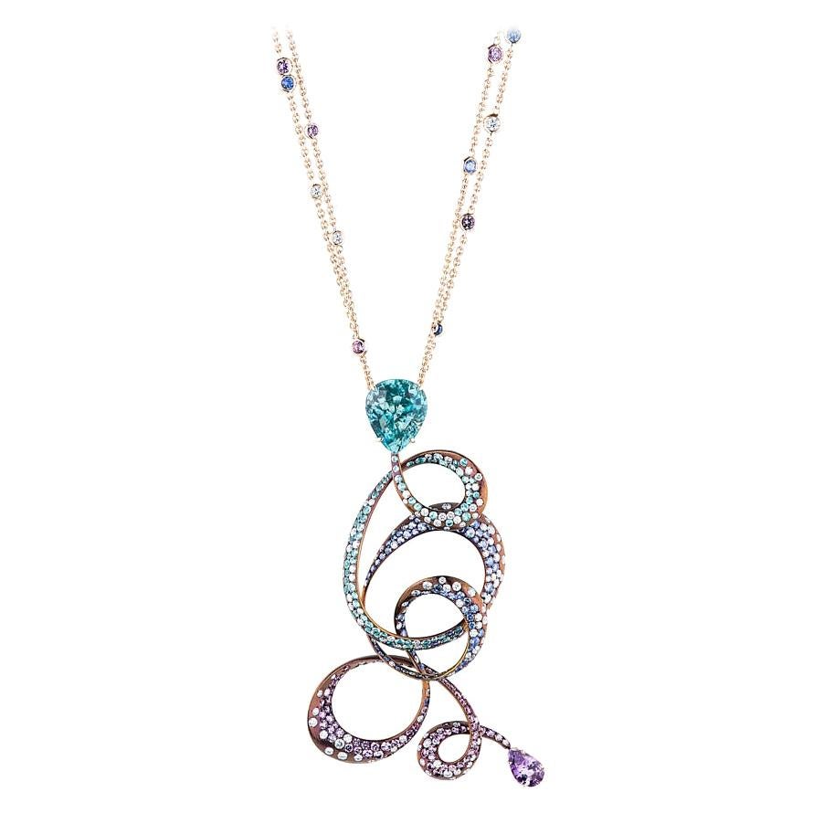 Neha Dani Blue Zircon with Sapphire, Tourmaline, Diamond Irene Necklace For Sale