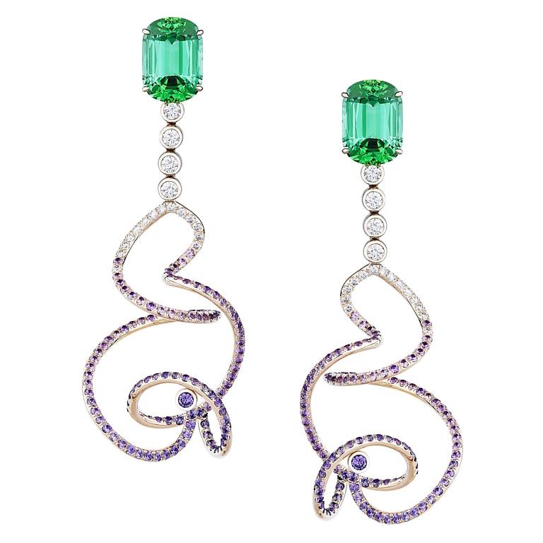 Neha Dani Cushion Cut Green Tourmaline Purple Sapphire White Gold Eonia Earrings