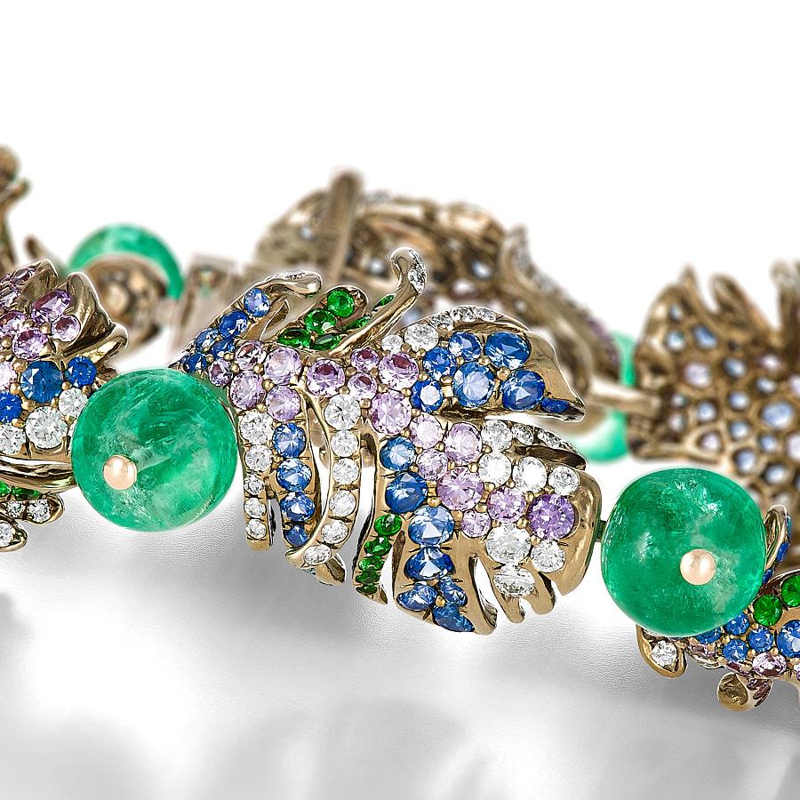 Contemporary Neha Dani Emerald Bead, Sapphire, Tsavorite Garnet on Titanium Loriini Bracelet For Sale