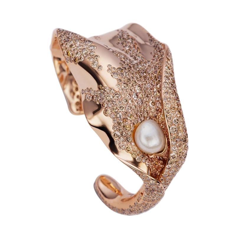 Neha Dani Natural Baroque Pearl, Brown Diamonds, Rose Gold Karesa Cuff Bracelet For Sale