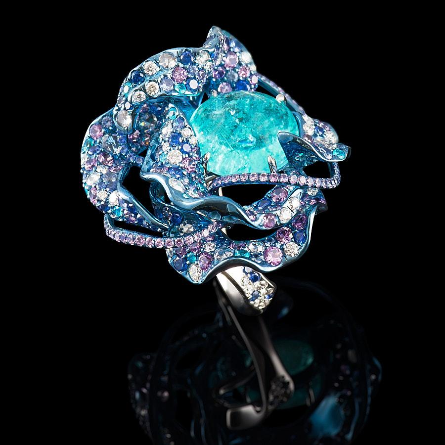 Contemporary Neha Dani Paraiba Tourmaline, Sapphire, Diamond on Titanium and Gold Nuray Ring For Sale