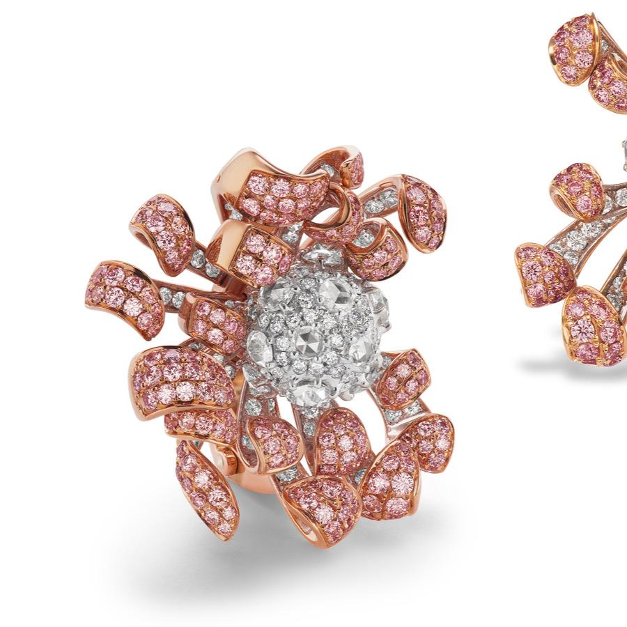 Contemporary Neha Dani Pink and White Diamonds in White and Rose Gold Pink Chrys Earrings For Sale