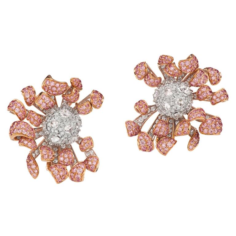 Neha Dani Pink and White Diamonds in White and Rose Gold Pink Chrys Earrings For Sale